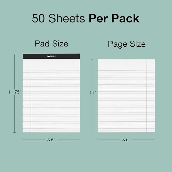 POPRUN White Legal Pads 8.5 x 11.75 College Ruled, 100GSM Writing Paper Pad, Bulk Lined Notepad Notebooks for Work School, Classroom Office Supplies, 6 Pack