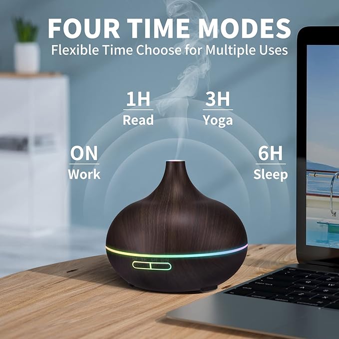 Essential Oil Diffuser Humidifier Ultrasonic Aromatherapy Diffuser with 4 Timer Settings & 7 Different Lights for Office Home Study Yoga Spa Baby