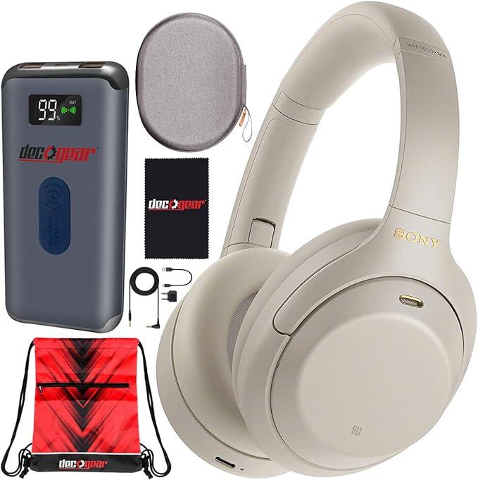 Sony WH-1000XM4 Wireless Industry Leading Noise Cancelling Over-Ear Headphones with Mic for Hands Free Calling and Alexa, Silver WH-1000XM4/S Bundle w/Case + Deco Gear Portable Charger + Gym Bag
