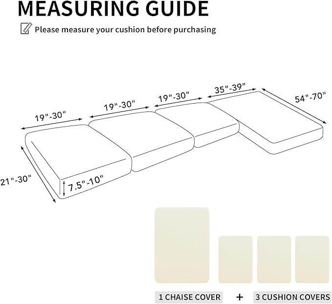 Easy-Going 100% Waterproof 4 Pieces Couch Cushion Covers for Sectional Sofa Left/Right L Shape Chaise Lounge Sofa Seat slipcover Anti-Slip Sofa Cover (3 Seater + 1 Chaise, Ivory