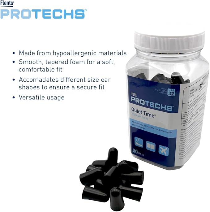 Flents Protechs Foam Ear Plugs for Sleeping, Snoring, Traveling, Concerts, Construction & Studying, Ultra Soft & Comfortable, Black, 50 Pairs, NRR 32 Hearing Protection for Loud Noise