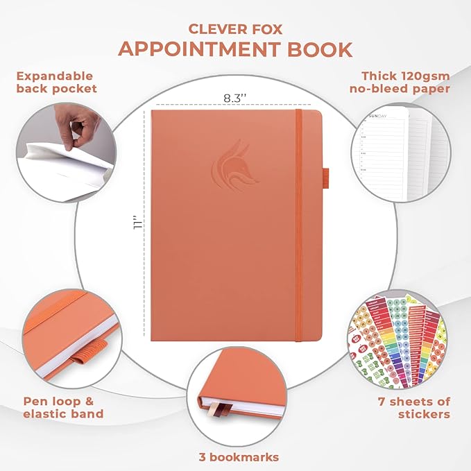 Clever Fox Appointment Book – Hourly Schedule Planner with 15-Minute Increments – Time Box Planner for Daily Work & To-Dos – Weekly & Monthly Spreads, Undated, Hardcover, 8.3x11″ (Terracotta)