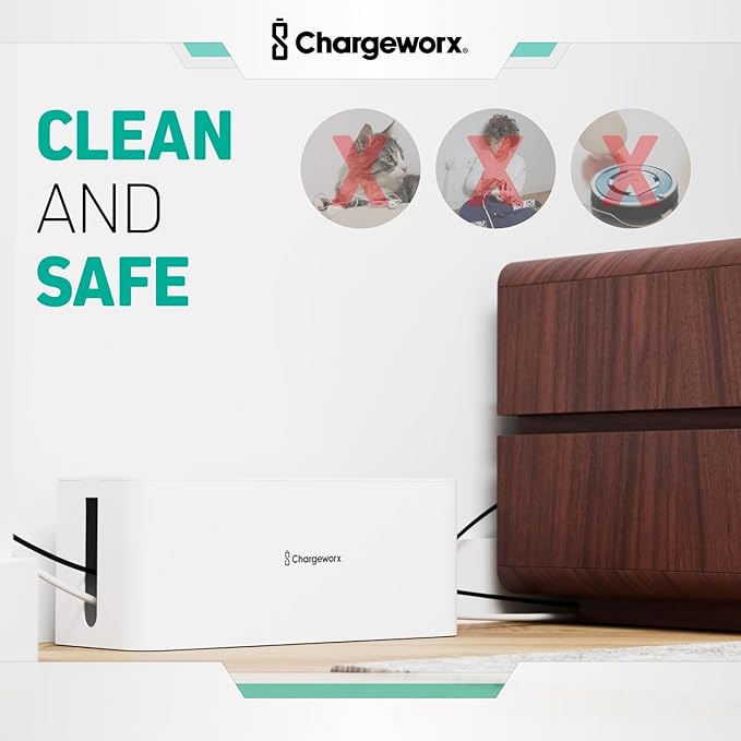 ChargeWorx Cable-Management Box Set, Cord Organizer, Cable Box to Hide Surge Protectors and Power Strips, Desk and Floor Cord Management, Home Office and TV Wire Concealer, White