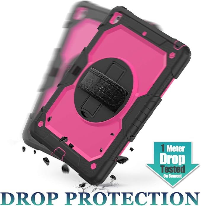 SEYMAC stock Case for iPad 9th/ 8th/ 7th Generation 10.2'', Shockproof with Screen Protector, Pencil Holder [360° Rotating Hand Strap] & Stand, for iPad 10.2 inch 2021-2019 (Rose+Black)