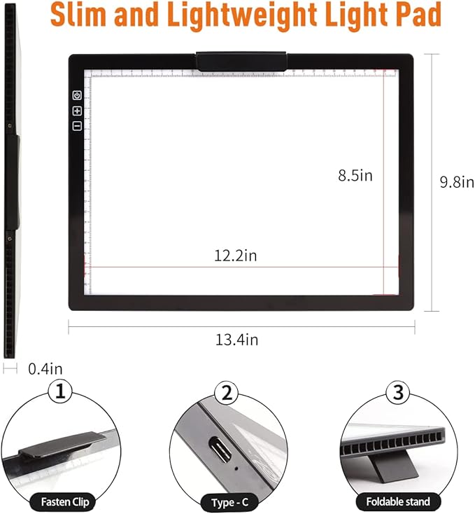 Rechargeable A4 LED Light Pad with Padded Case, Tracing Light Box w/Riser Stands and Paper Clip, 6 Levels of Brightness, Type-c Cable, Wireless Diamond Painting Light Board