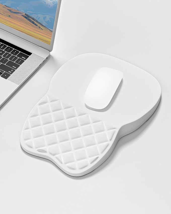 Auhoahsil Ergonomic Mouse Pad with Wrist Rest, Comfortable Slope Computer Mouse Mat with Wrist Support, Memory Foam Filling, Non-Slip Silicone Base, Pain Relief, for Gaming & Work, 8 x 12 in, White