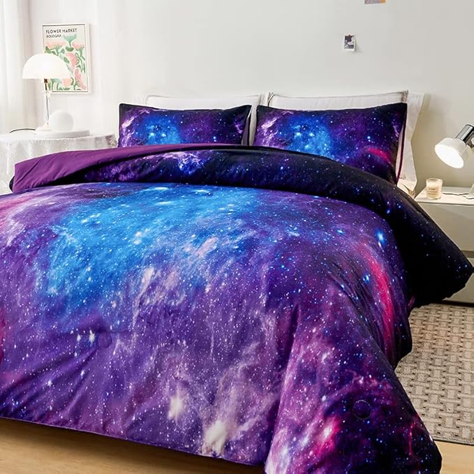 Galaxy Full Bedding Sets,7PCS Galaxy Comforter Sets,Purple Comforter,Girls Bed Sets Full,Bed in a Bag with Flat Sheet and Fitted Sheet,Pillowcases,Cushion Covers for Girls
