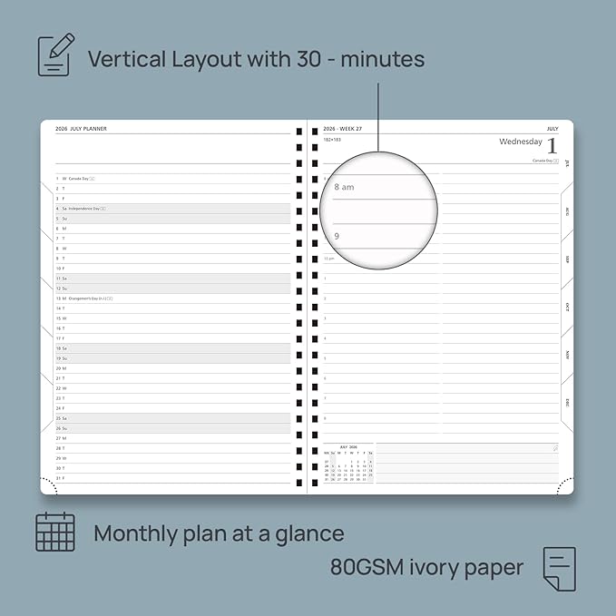 POPRUN 2026 Daily Planner One Page A Day - [A4 Large Size 8.25" x 12" -Spiral Hard Cover], Agenda 2026 Hourly Appointment Book with Monthly Calendar, Pen Holder, Ivory Paper -Haze Blue