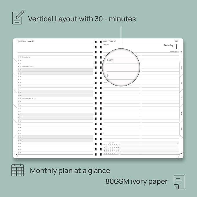 POPRUN Academic Daily Planner 2025-2026 One Page A Day - [A4 Large Size 8.25" x 12" - Spiral Hard Cover], Appointment Book (July 2025 - June 2026) with Monthly Calendar - Midnight Green