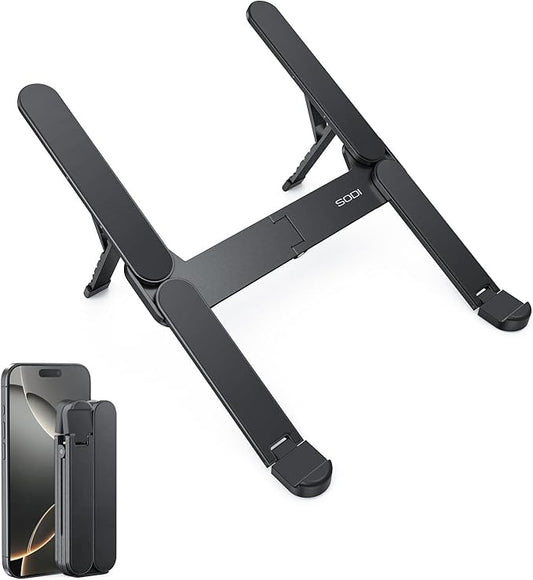SODI Ultra Compact Foldable Laptop Stand - Portable Laptop Holder for Desk & Travel Use, Ergonomic Aluminum Computer Holder with Adjustable Height for MacBook, Tablet 10-16" (Dark Black, Bi-Fold)