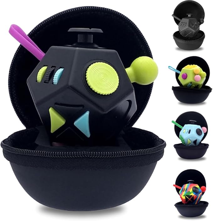 PILPOC theFube Fidget Cube with 12 Sides - Handy Anxiety Toys for Kids and Adults - Fidget Dice for Stress Relief & Focus - Anti Stress Cube for ADHD, ADD, with Carry Case (Black & Mix)