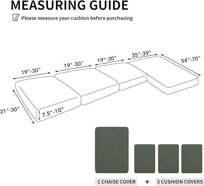 Easy-Going 100% Waterproof 4 Pieces Couch Cushion Covers for Sectional Sofa Left/Right L Shape Chaise Lounge Sofa Seat slipcover Anti-Slip Sofa Cover (3 Seater + 1 Chaise, Grayish Green