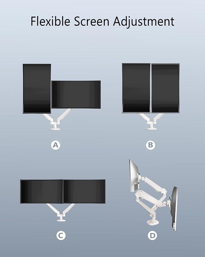 Dual Monitor Mount for 2 Screens up to 32 Inch and 19.8 lbs, Fully Adjustable Gas Spring Monitor Arm Desk Mount, Vesa Monitor Mount with C Clamp, Grommet Base, Aluminum, White