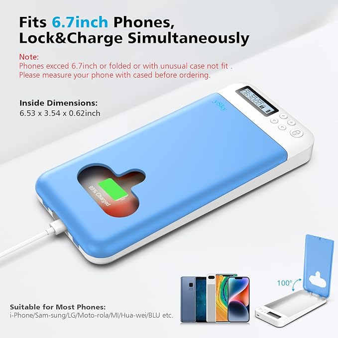 ySky Cell Phone Lock Box with Timer,Portable Timed Phone Lock Box for iPhone and Android Phones, Self-Control Timer Phone Locker to Help Kids,Students Focus Back, Mobile Phone Addiction(Blue)