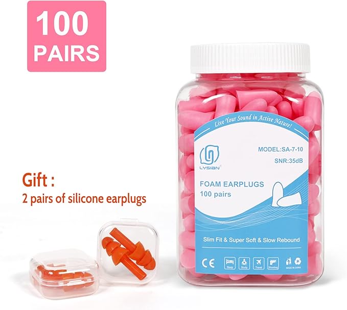 LYSIAN Slim Size Foam Ear Plugs for Noise Reduction Small Ear Women, Kids-35dB SNR Noise Cancelling Earplugs for Sleeping, Snoring, Fireworks, Shooting, Study Loud Noise, Pink-100 Pairs,