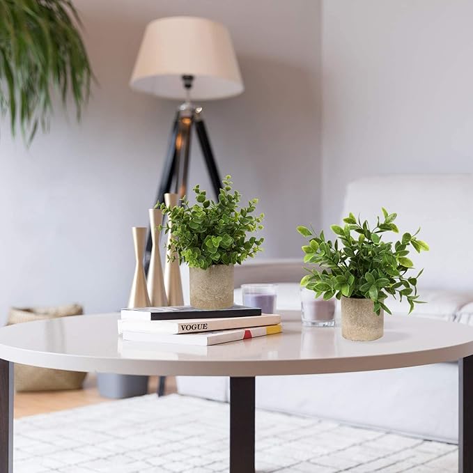 Briful Artificial Potted Plants Set of 2 Small Faux Plant Eucalyptus Mini Fake Plant Decor for Home Table Office Room Desk Bathroom Shelf Kitchen Rustic Farmhouse Mantel Decoration