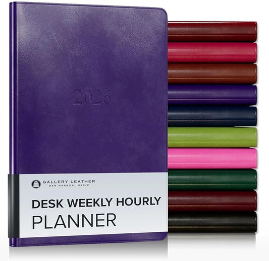 Gallery Leather Desk Hourly Weekly Monthly Planner 2025-2026, Elegantly Bound Calendar Planner and Notebook with Stylish Gold-Gilded Page Edges, 12 Months - Acadia Plum - 8 x 5.5 "