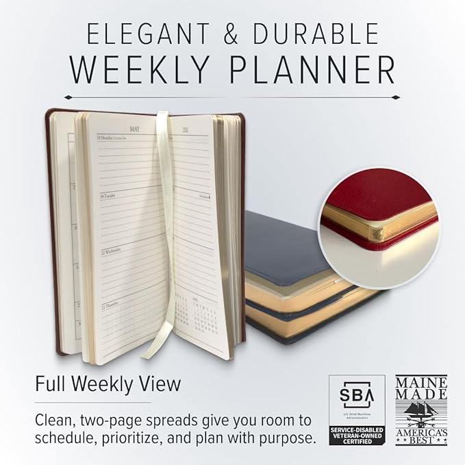 Gallery Leather Pocket Weekly Monthly Planner 2025-2026, Elegantly Bound Calendar Planner and Notebook with Stylish Gold-Gilded Page Edges, 12 Months - Monhegan Cocoa - 6 x 3.25 "