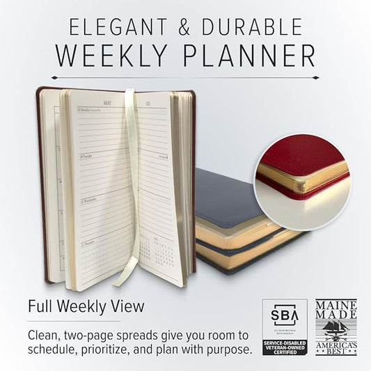 Gallery Leather Pocket Weekly Monthly Planner 2025-2026, Elegantly Bound Calendar Planner and Notebook with Stylish Gold-Gilded Page Edges, 12 Months - Acadia Navy - US Space Force - 6 x 3.25 "