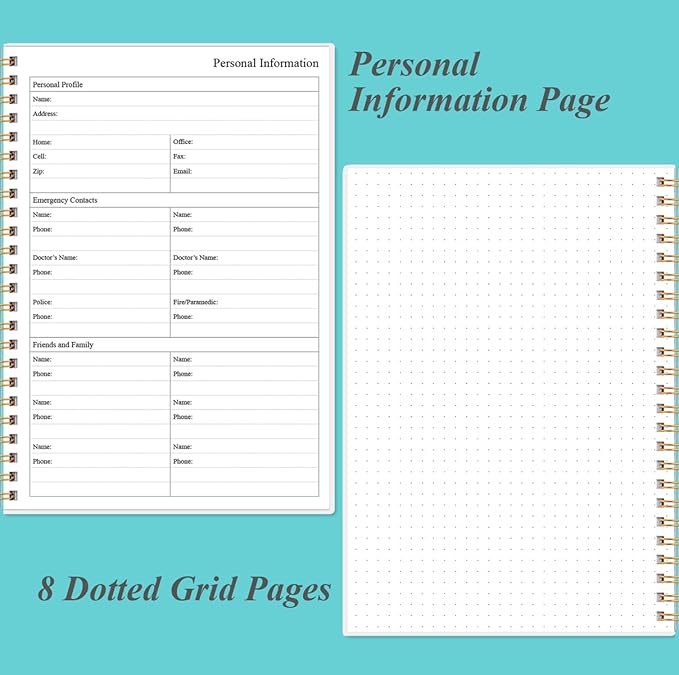 Daily Planner Undated - B5 To Do List Notebook Hourly Schedules, Spiral Appointment Planner for Women and Men, PVC Hardcover, Inner Pocket, Elastic Closure, 7" x 10", Teal Flowers