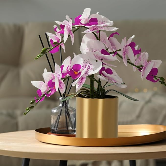 LESING Artificial Orchid Flower with Vase Realistic Orchids Faux Flower Fake Orchid Bonsai Plants in Pot Arrangement for Home Wedding Party Dining Table Centerpiece Decor (White Purple,Gold Vase)