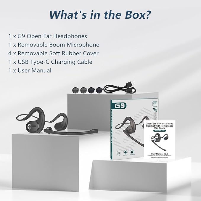 BANIGIPA Bluetooth Headset with Removable Microphone, Noise Cancelling Wireless Headset for Phones Laptop Computer PC, Open Ear Headphones for Office Meeting Running Cycling Driving Working-12 Hrs