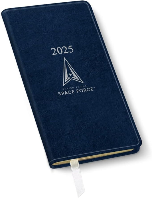 Gallery Leather Pocket Monthly Planner 2025, Elegantly Bound Calendar Planner and Notebook with Stylish Gold-Gilded Page Edges, 18 Months - Acadia Navy - US Space Force - 6 x 3.25 "