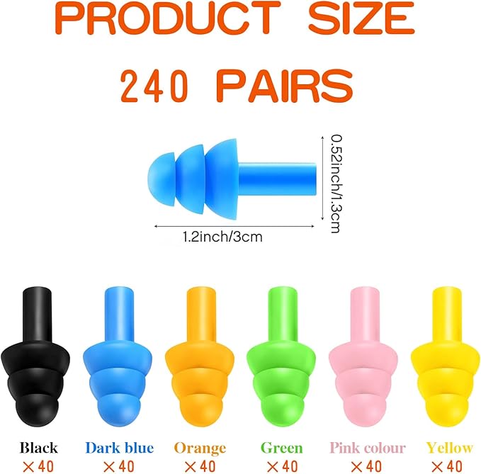 240Pairs Silicone Ear Plugs Earplugs for Sleeping Noise Cancelling,for Sleeping Noise Swimming Hearing Protection Earplugs Shooting Construction Hunting Music Concerts(Color Mixing,reusable)