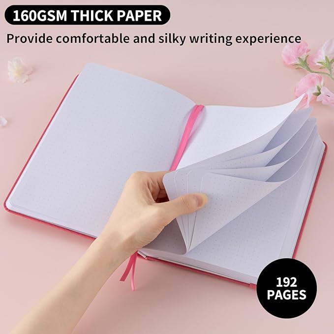 Dot Grid Journal with 160GSM Thick Paper, 192 Pages, A5 Dotted Notebook for Work, School, Travel | 180° Lay Flat, Foil Stamped Cover, Elastic Band, 2 Bookmarks & Inner Pocket (Rose Red)