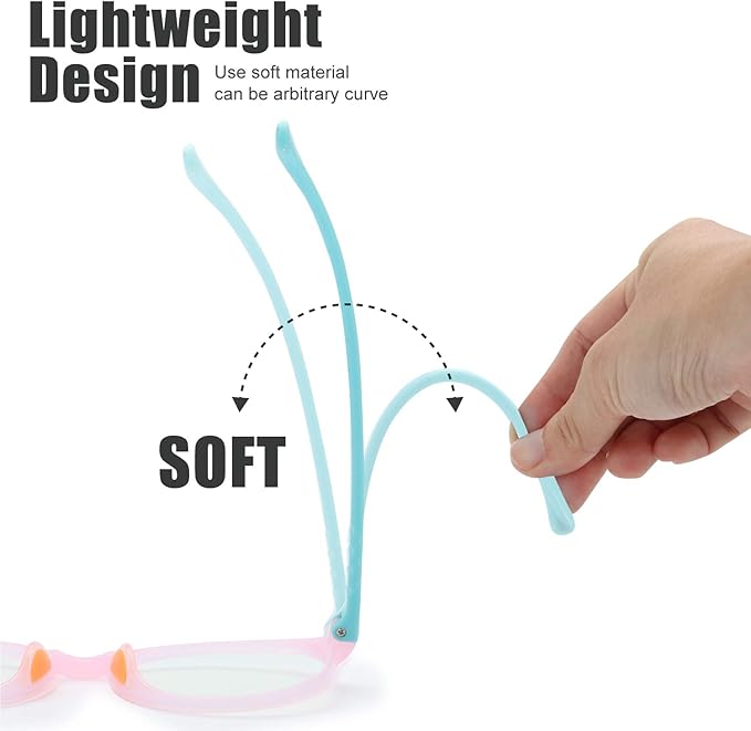 Kids Blue Light Blocking Glasses Silicone Flexible TR-90 Frame, Computer Gaming TV Phone Glasses for Boys Girls Age 3-14 (3-12 yr-Old, B0303 Pink, Blue)