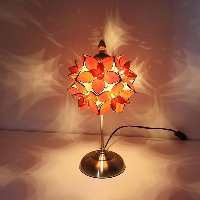 Bieye L10922 Tiffany Style Stained Glass Flower Petal Table Lamp with Brass Base for Home Décor (Orange, 8" Rose Lily)