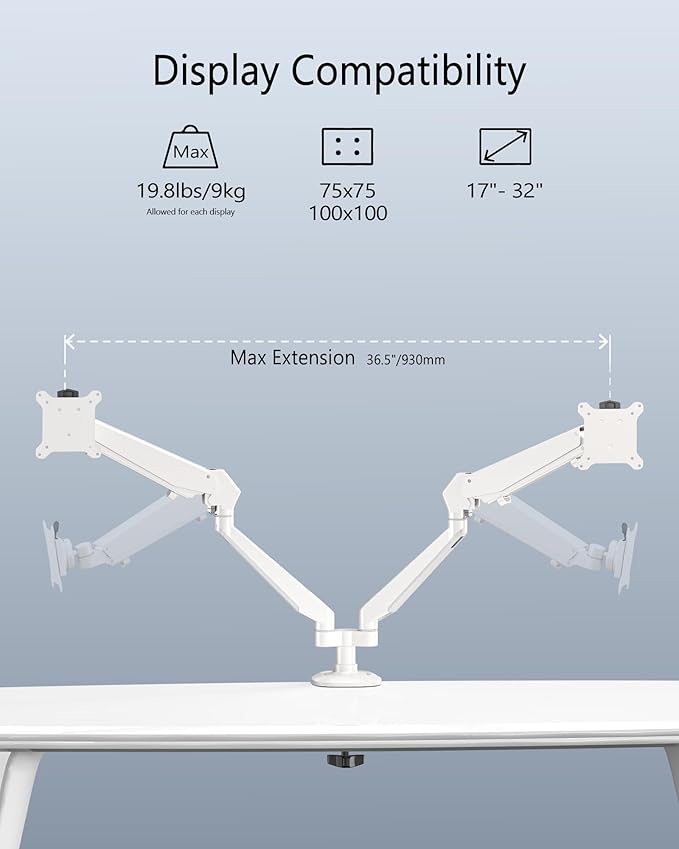 Dual Monitor Mount for 2 Screens up to 32 Inch and 19.8 lbs, Fully Adjustable Gas Spring Monitor Arm Desk Mount, Vesa Monitor Mount with C Clamp, Grommet Base, Aluminum, White