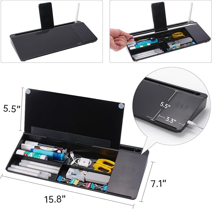 Small Glass Desktop Whiteboard Dry-Erase-Board - Computer Keyboard Stand with Wireless Charger White Board Surface Pad with Drawer, Desk Organizers with Accessories for Office, Home, School Supplies