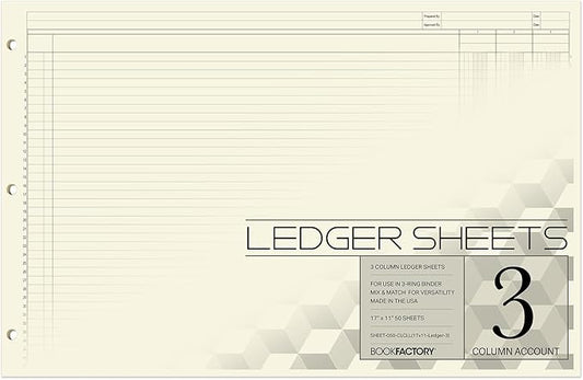BookFactory Ledger Sheets/Large 3 Column Accounting Ledger Columnar (Three Columns) Loose Leaf Paper - 17'' x 11'', 50 Pages, Loose Leaf, 3 Hole Punched (SHEET-050-CLCLL(17x11-Ledger-3)-AX)