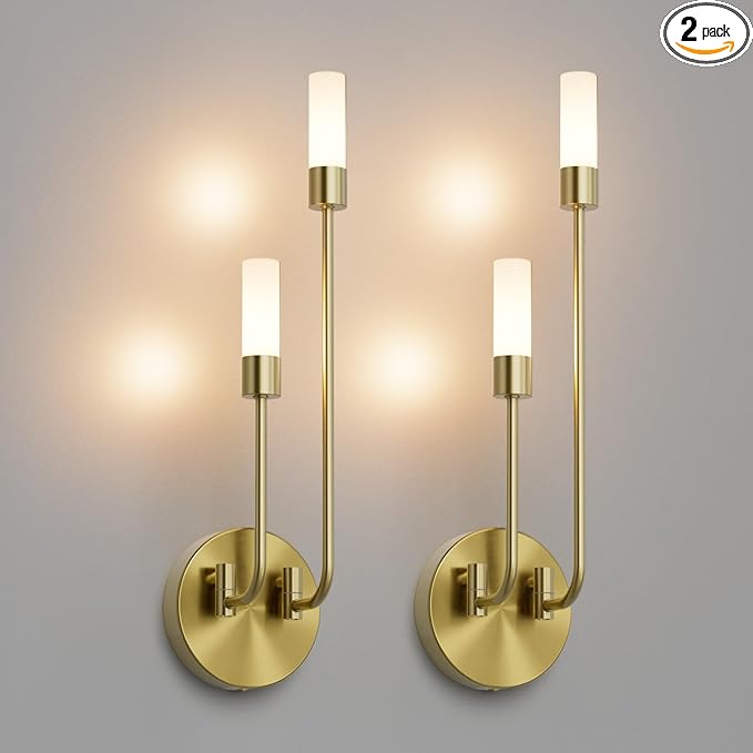 Tipace Gold Wall Sconce Set of 2,Indoor Mid Century Wall Light 2-Lights Bathroom Vanity Light Fixture with Glass Shade for Bedroom Living Room Hallway Kitchen Warm White 3000K(with G9 Bulbs)
