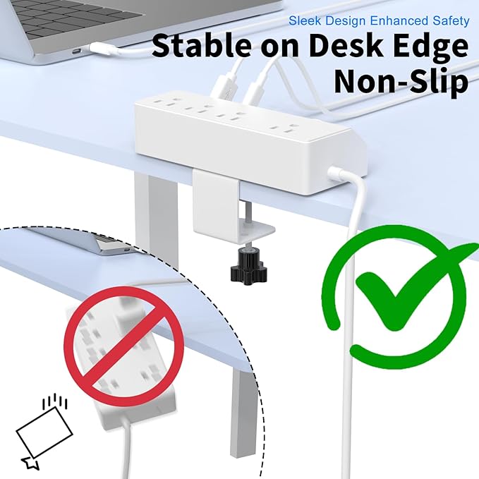 Desk Clamp Power Strip with 4 AC Outlets & 4 USB Ports Including PD 20W Fast Charging, Desk Mount Power Strip Surge Protector for Office,10FT Extension Cord Fits 1.8" Tabletop Edge (White)