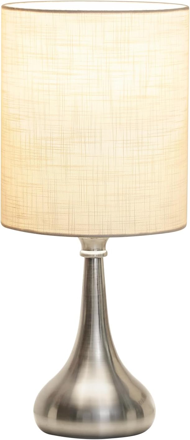 Boncoo Touch Control Table Lamp, 3 Way Dimmable Simple Night Light Lamp with White Lampshade Silver Metal Base, Small Bedside Table Lamp for Bedroom, Office, Dorm, A19 9W 3000K Bulb Included