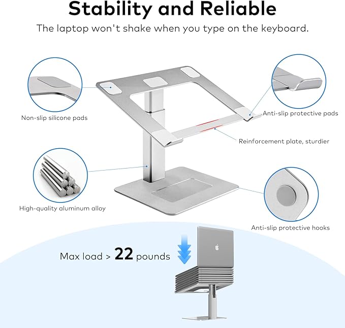 Laptop Stand for Desk, Ergonomic Aluminum Laptop Stand Adjustable Height from 7-15", Sitting and Standing Laptop Riser for 10-17" Notebook (Silver)