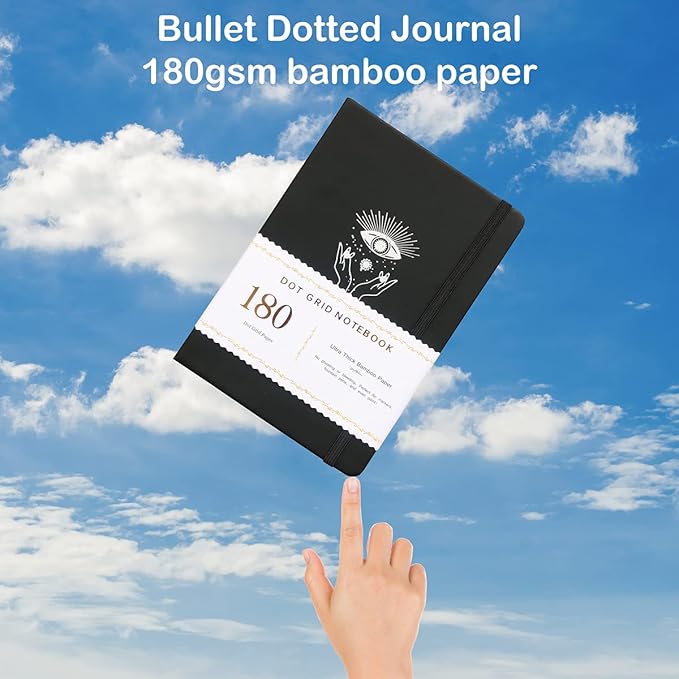 Dotted Notebook Journal 180GSM Bamboo Thick White Paper 160 Pages 5 * 5MM Dot Grid, Lay Flat Binding,Colored Silver Edges, Bookmarks and Expandable Back Pocket (BKP-9)