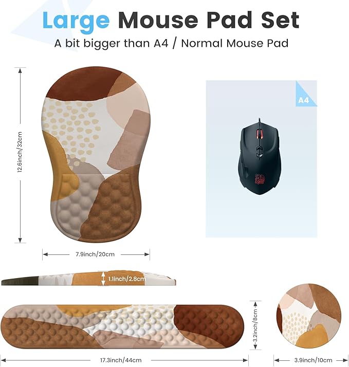 HAOCOO Ergonomic Mouse Pad with Wrist Support and Keyboard Pad Set, 3 PCS Computer Carpal Tunnel Mouse Pads for Desk with Coaster, Memory Foam Mousepad for Home Office, Brown Boho