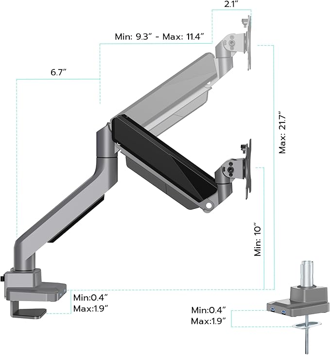 ARES WING Single Monitor Arm, Heavy Duty Adjustable Monitor Arm for 13"-49" Screens with USB, Gas Spring Desk Mount Stand with C Clamp/Grommet Mounting Base up to 40lbs Computer, Gray