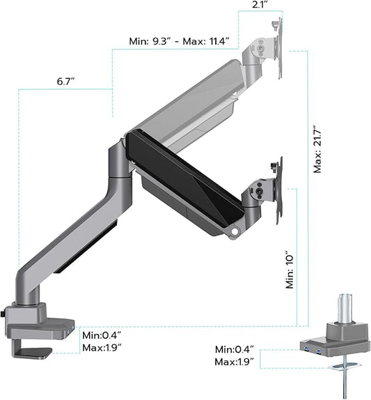 ARES WING Single Monitor Arm, Heavy Duty Adjustable Monitor Arm for 13"-49" Screens with USB, Gas Spring Desk Mount Stand with C Clamp/Grommet Mounting Base up to 40lbs Computer, Gray