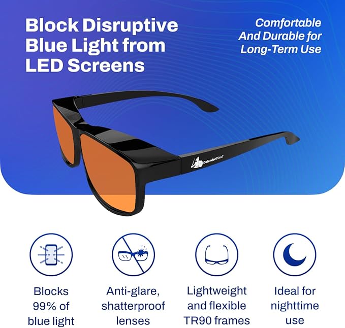 DefenderShield Premium Fit-Over Blue Light Blocking Glasses - Superior Blocking from Gaming PC & Cell Phone Screen Glare.