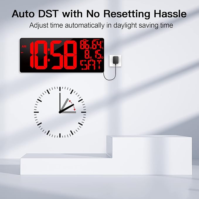 [2024 New] 18" Digital Wall Clock Large Display/Bluetooth Sync Time, Large Wall Clock with Remote Control, Auto DST, Alarm, Temperature and Date - Easy to Read and Set Timer