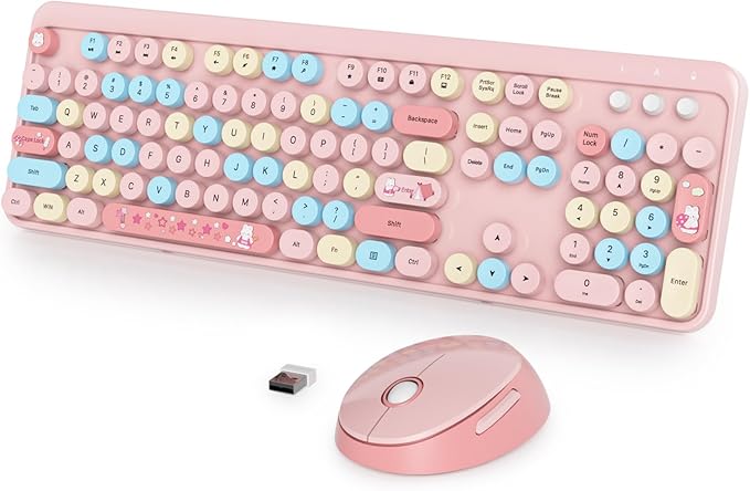 Fogruaden Pink Wireless Retro Typewriter Keyboard, 2.4GHz Full Size Cute Keyboard with Number Pad, Pink Colorful with Retro Round Keycaps for Windows PC Laptop