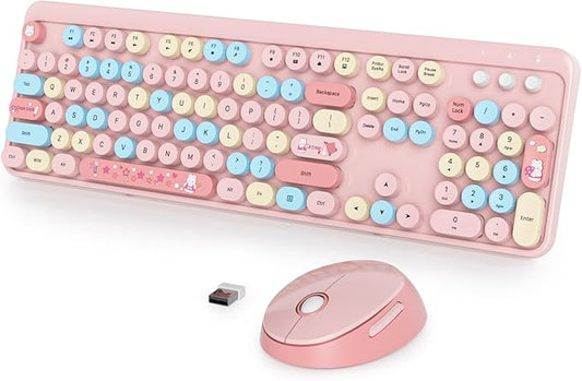 Fogruaden Pink Wireless Retro Typewriter Keyboard, 2.4GHz Full Size Cute Keyboard with Number Pad, Pink Colorful with Retro Round Keycaps for Windows PC Laptop