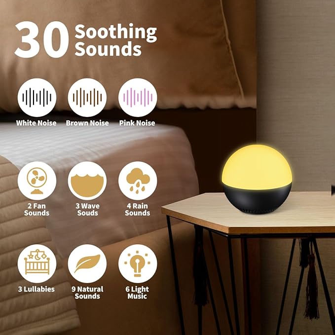 Portable Small Sound Machine Baby Night Light White Noise Machine with 12 Color Night Lights 30 Soothing Sounds Auto-Off Timer Adjustable Brightness for Baby Kids Adult & Home Office and Travel
