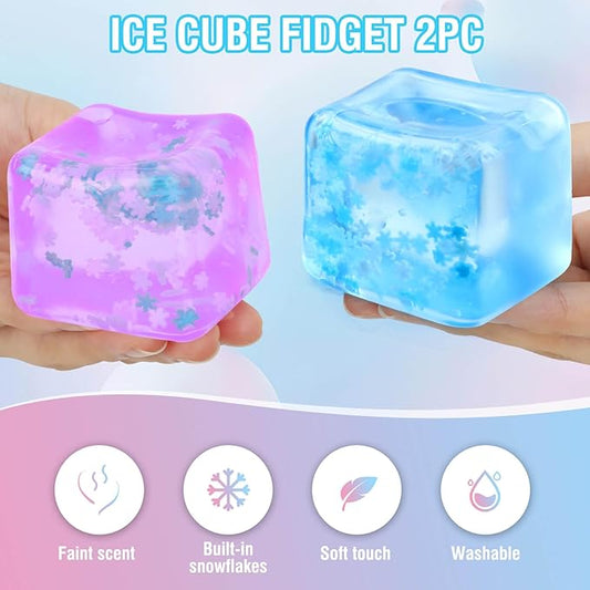 Fidget Toy for All Ages: 2 Pack Soft Sensory Fidget Ice Cube Stress Ball Squishy Cube Stress Relief Toys for Kids, Teens and Adults Party Favors, Birthday Gift for Kids Age 3+, Blue Purple