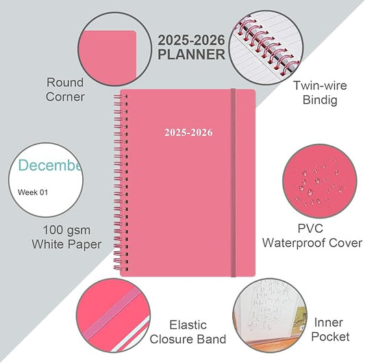 2025-2026 Planner - 18 Months Weekly & Monthly Planner from July 2025 - December 2026, Spiral Planner 2025-2026 with Elastic Closure, Inner Pocket, Medium 5.8" x 8.3",Pink