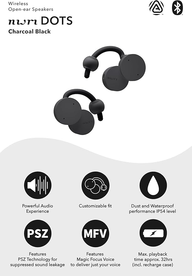 nwm DOTS Wireless On-Ear Speakers (Open Ear Earphones) Sound Leakage suppressed (PSZ Technology - Bone Conduction Alternative) with Optimal Microphone Function Designed in Japan | Charcoal Black